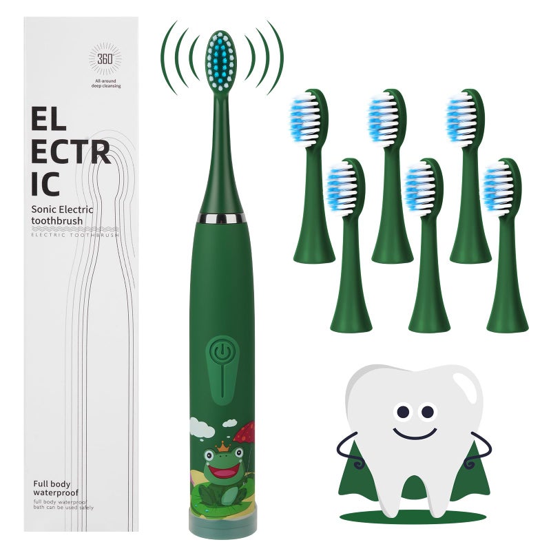 Vicloon Kids Electric Toothbrush,Rechargeable Childrens Electric Toothbrush with 6 Replaceable Brush Heads,Timer 4 Modes,18000 Strokes,Ipx6 Waterproof, Soft Bristles,Gentle on Teeth & Gums(Green)